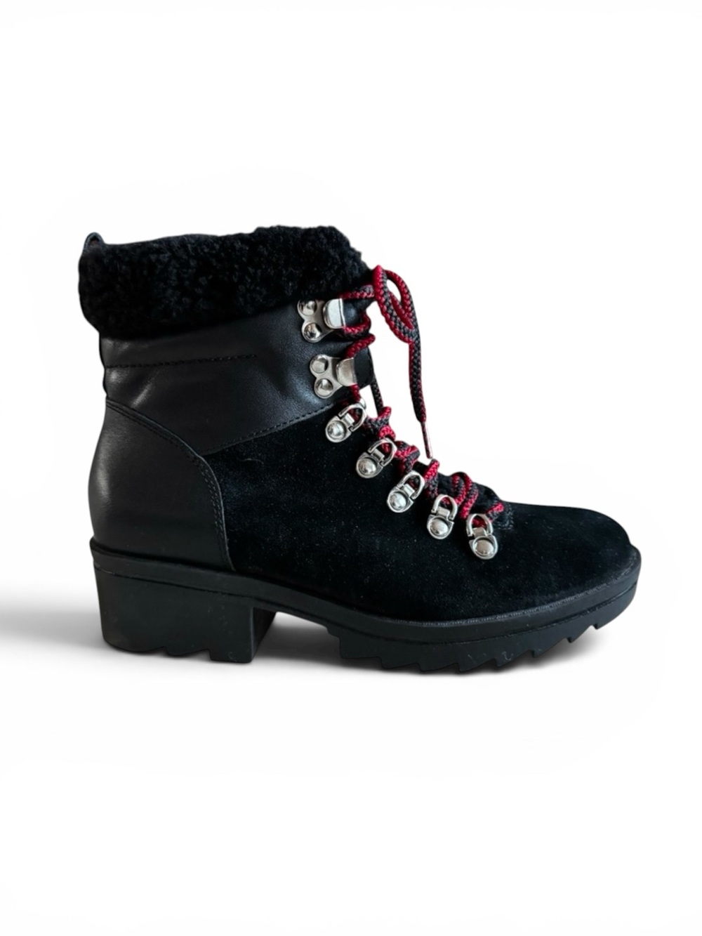 Marc Fisher Suede Faux Fur Fall Winter Boots Lace-Up Lug Sole Black Red Size 5.5